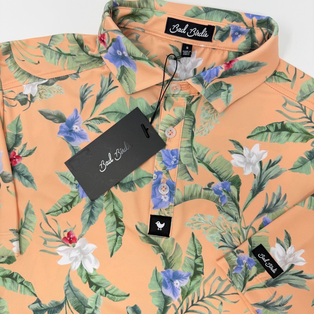 Bad Birdie Mens‎ Golf Polo Shirt Flora Fiesta Floral Print Orange Size Small NEW